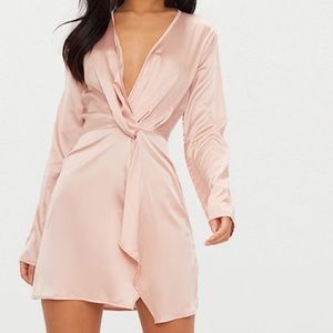 Nude Satin Long Sleeve Wrap Dress